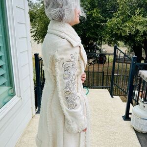 Blanc Noir Cream Leather Jacket with Embroidered Details